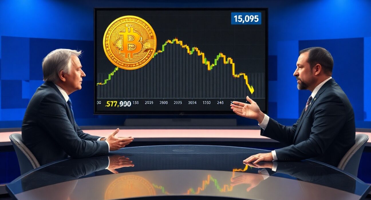 Peter Schiff and Anthony Pompliano debate Bitcoin on a news studio set with a price chart in the background