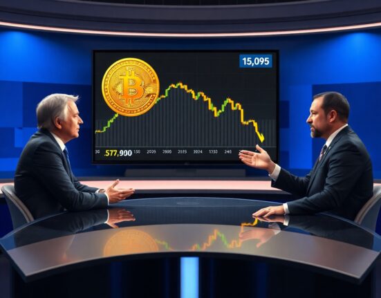 Peter Schiff and Anthony Pompliano debate Bitcoin on a news studio set with a price chart in the background