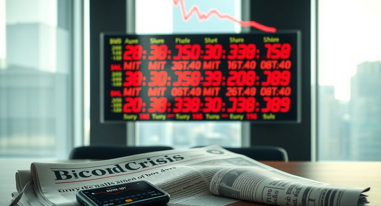 Financial news ticker showing red numbers and a newspaper with 'Bond Crisis' headline next to a phone with a Bitcoin chart