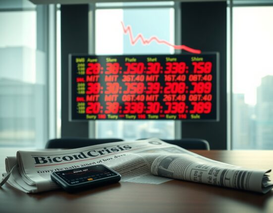 Financial news ticker showing red numbers and a newspaper with 'Bond Crisis' headline next to a phone with a Bitcoin chart