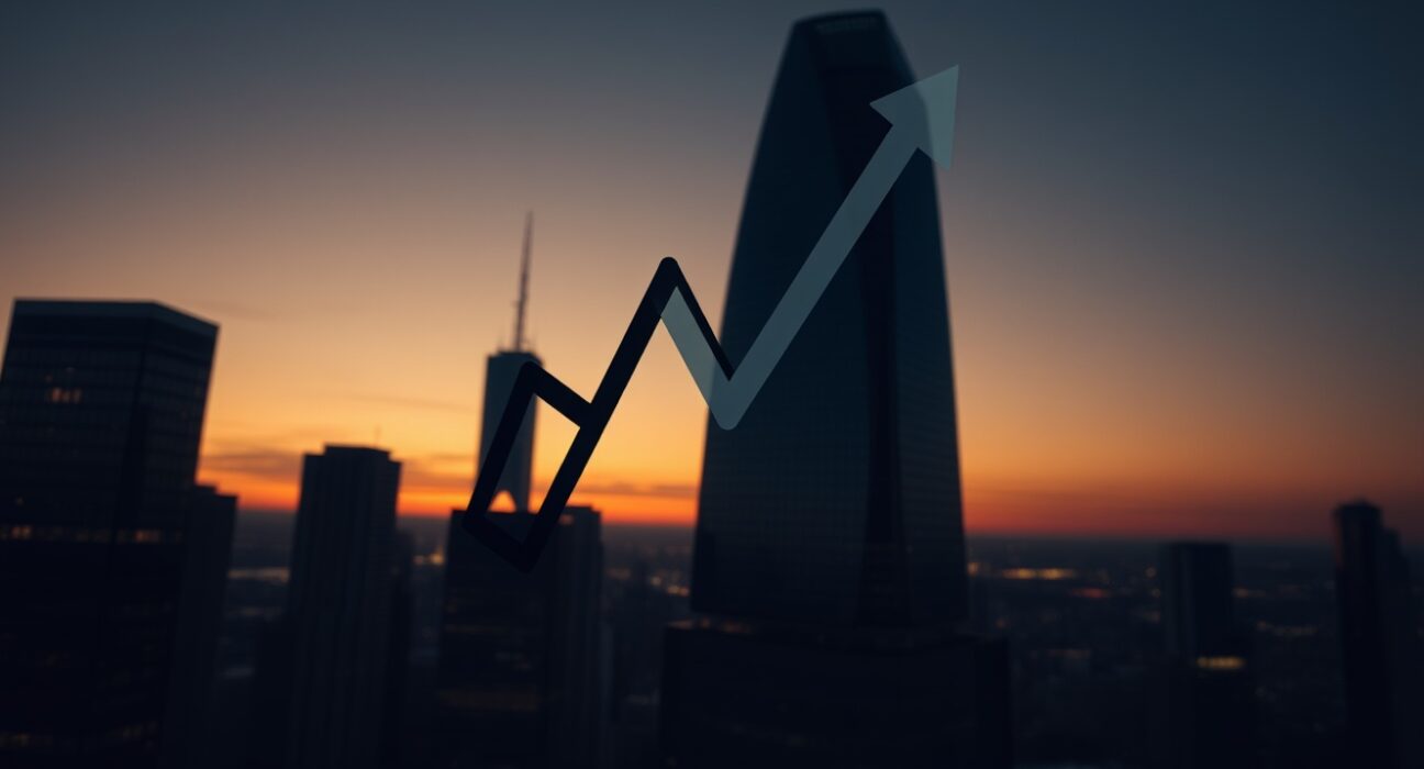 A photorealistic editorial image showing a downward trend line over a city skyline, representing Peter Schiff's crash prediction for MicroStrategy and Bitcoin.