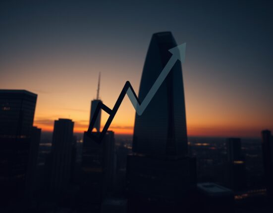 A photorealistic editorial image showing a downward trend line over a city skyline, representing Peter Schiff's crash prediction for MicroStrategy and Bitcoin.