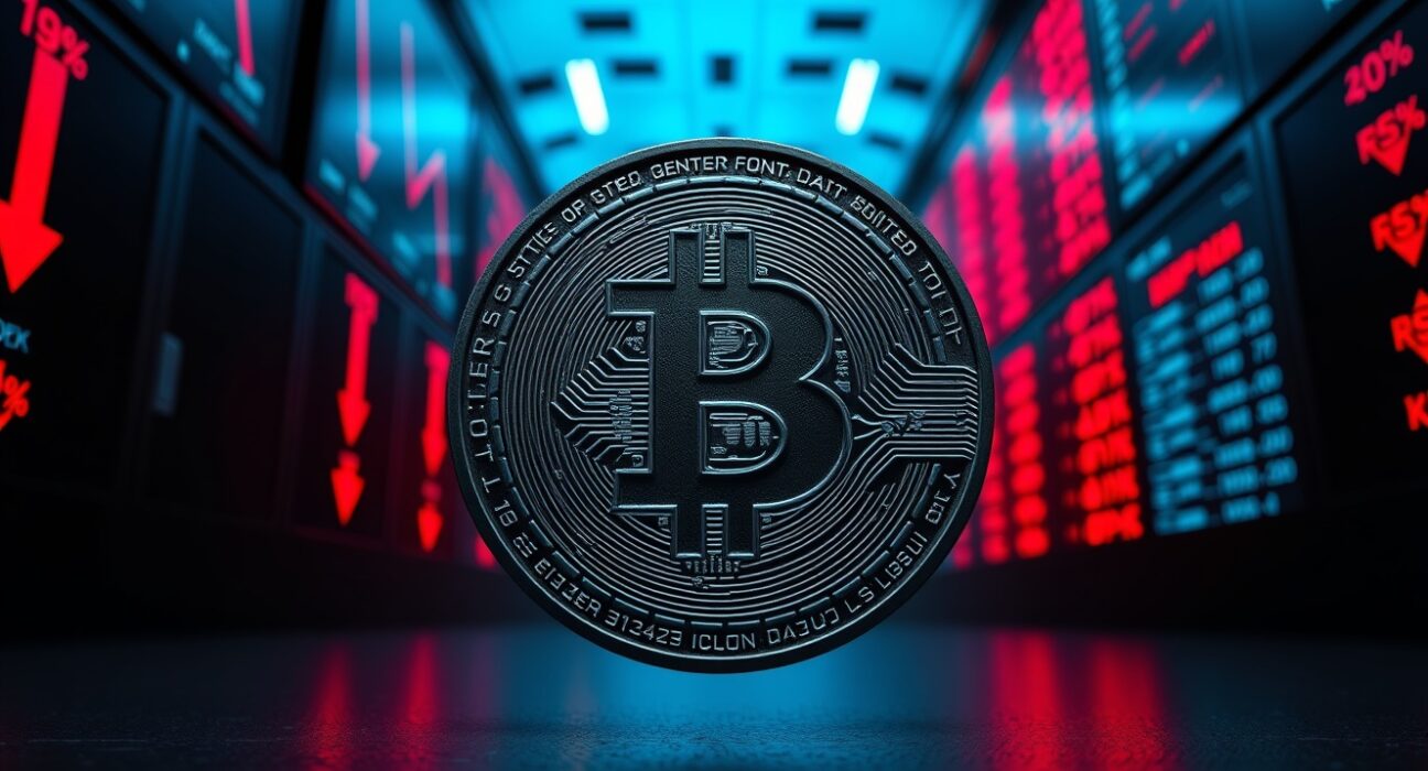 Bitcoin coin with cracked surface against a backdrop of red financial market tickers symbolizing market collapse risk.