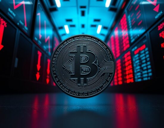 Bitcoin coin with cracked surface against a backdrop of red financial market tickers symbolizing market collapse risk.