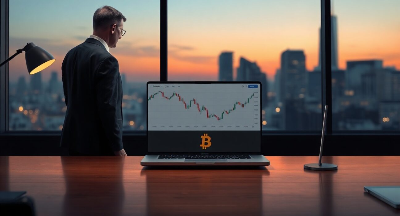 A businessman standing by a window in a dim boardroom with a laptop showing a falling stock chart and Bitcoin logo.