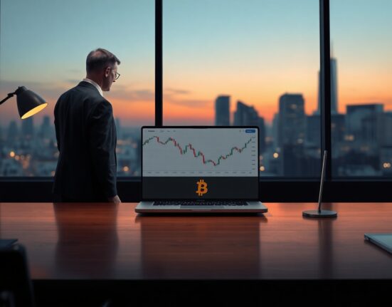 A businessman standing by a window in a dim boardroom with a laptop showing a falling stock chart and Bitcoin logo.