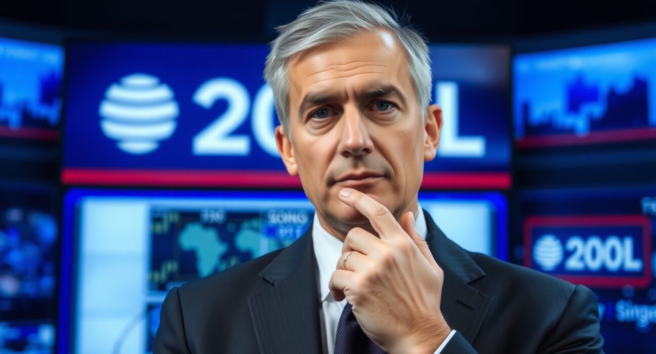 A financial news studio set with a serious commentator and a screen showing a news channel logo.