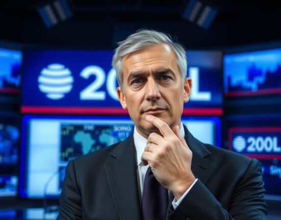 A financial news studio set with a serious commentator and a screen showing a news channel logo.