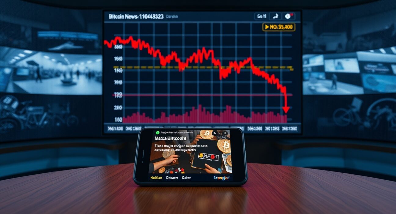 Digital screen showing a declining Bitcoin price chart in a news studio setting