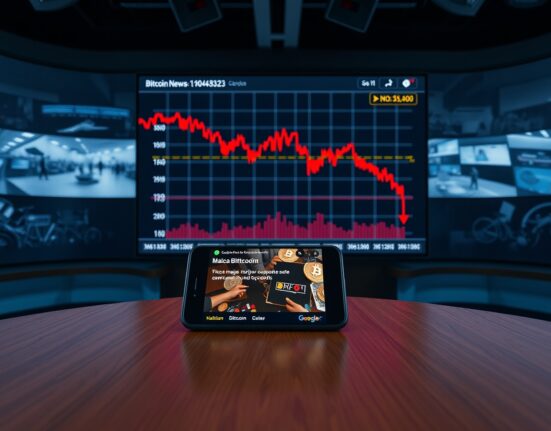 Digital screen showing a declining Bitcoin price chart in a news studio setting