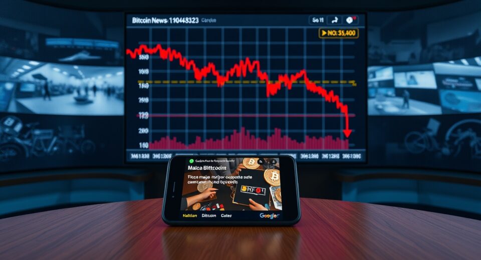 Digital screen showing a declining Bitcoin price chart in a news studio setting