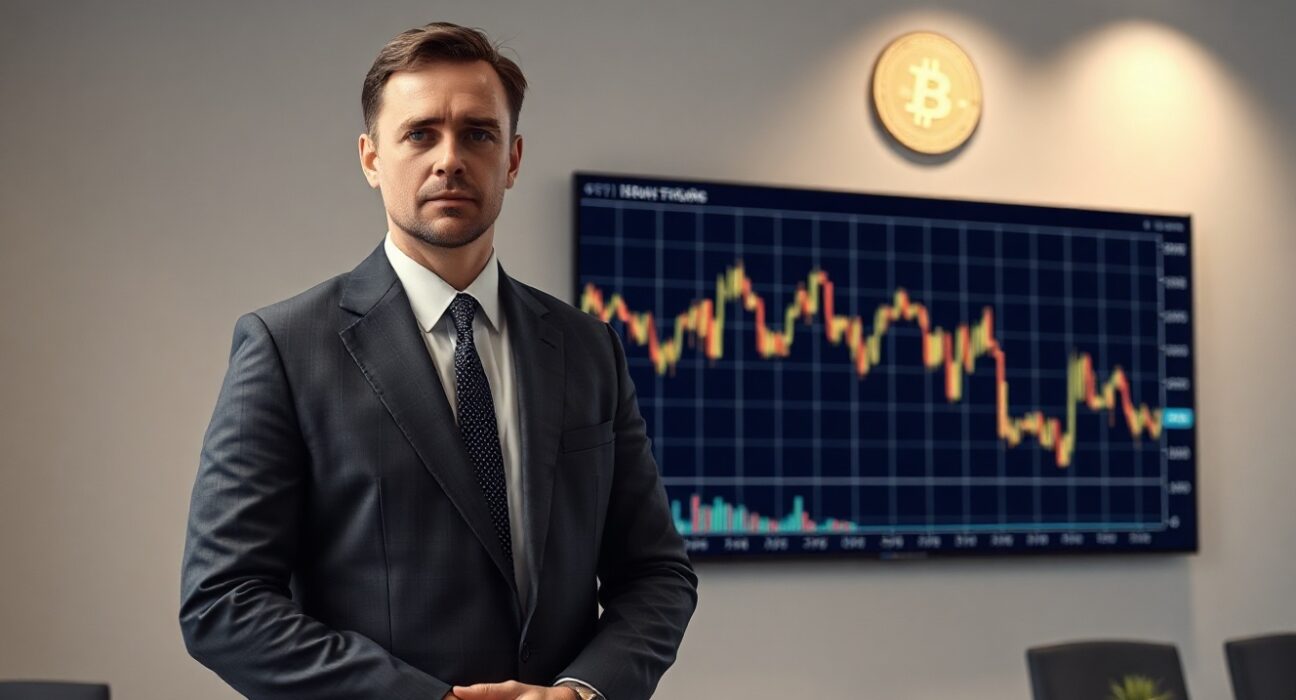 Peter Schiff in an office with a stock chart and Bitcoin logo on a screen