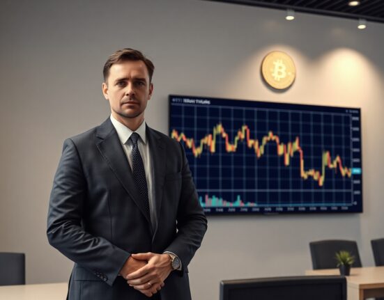 Peter Schiff in an office with a stock chart and Bitcoin logo on a screen