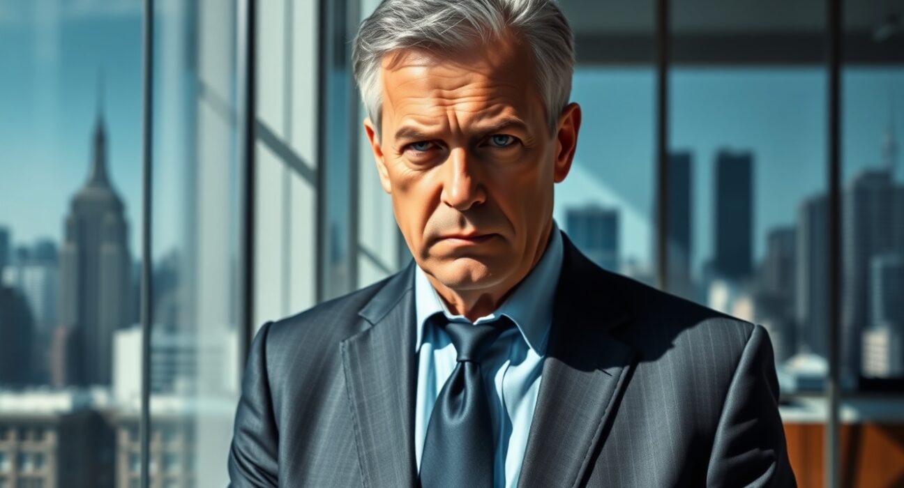 Peter Schiff in a corporate office looking skeptical, representing his criticism of Strategy's financial moves.