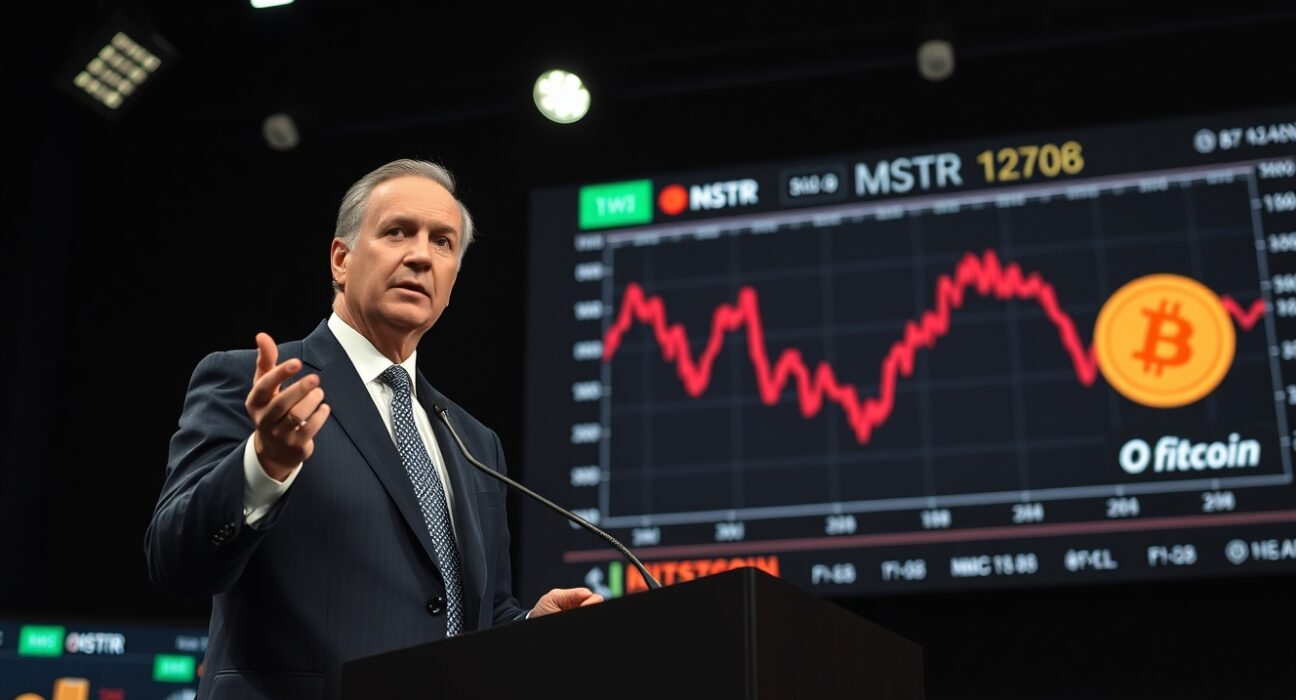 Peter Schiff speaking at a podium with a stock chart showing MSTR and Bitcoin logos in the background.