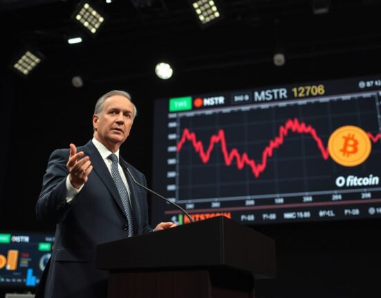Peter Schiff speaking at a podium with a stock chart showing MSTR and Bitcoin logos in the background.