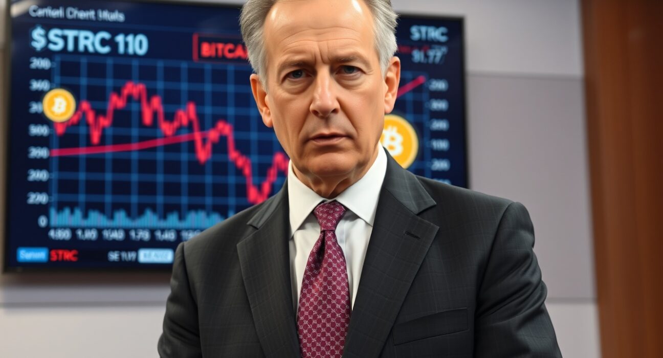 Peter Schiff speaking in a financial news studio with a Bitcoin chart and STRC ticker in the background