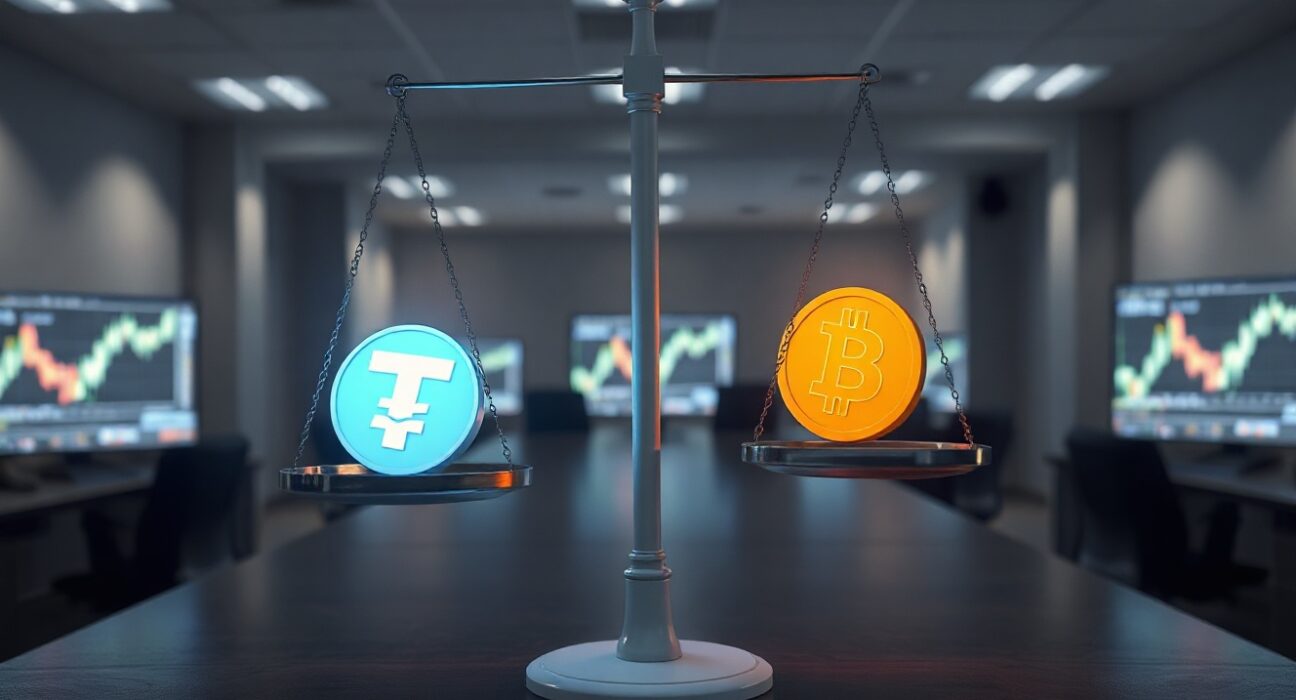 Digital scale with Tether and Bitcoin symbols, representing market cap comparison.