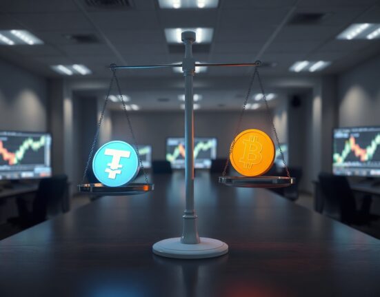 Digital scale with Tether and Bitcoin symbols, representing market cap comparison.