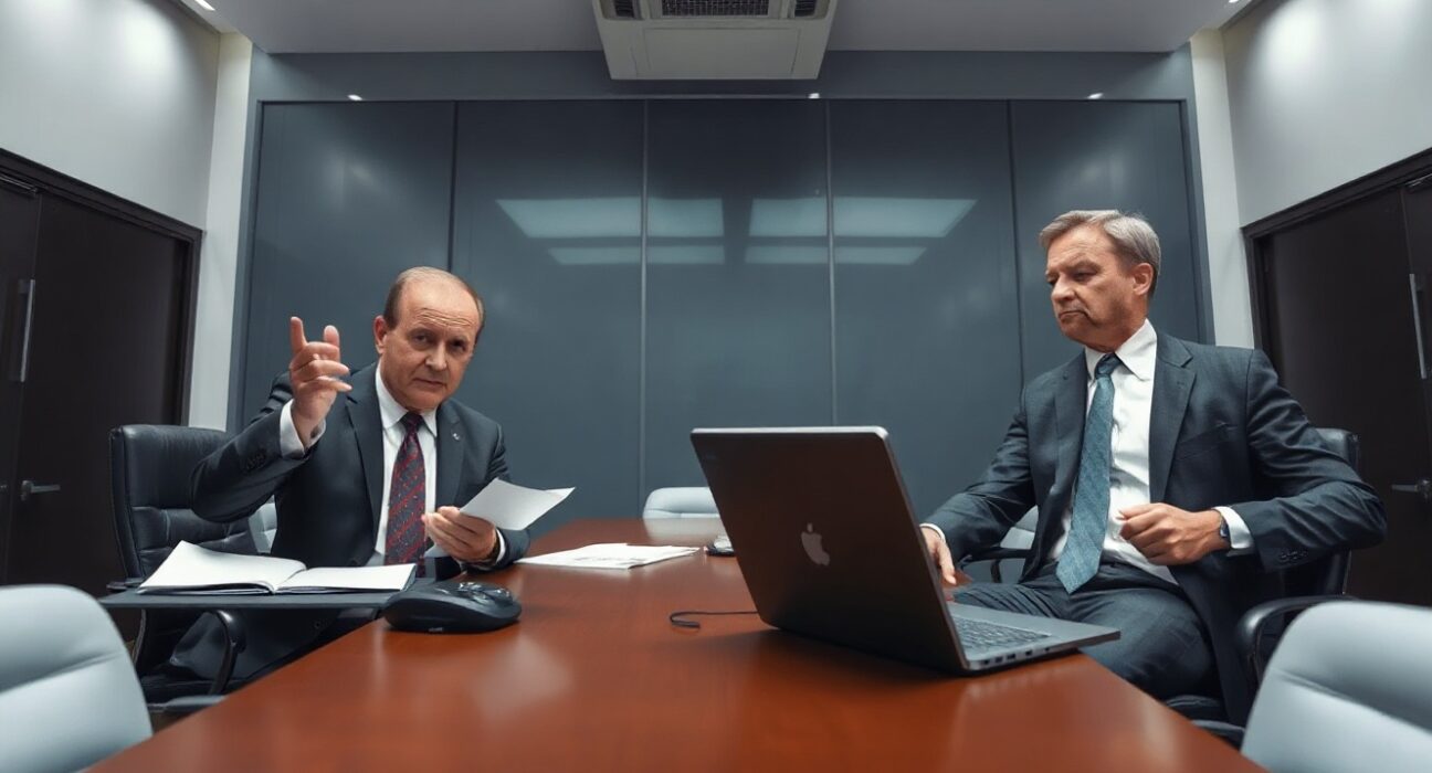 Peter Schiff and Michael Saylor in a tense boardroom meeting discussing MicroStrategy's STRC preferred stock