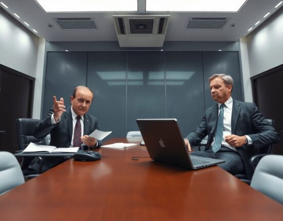 Peter Schiff and Michael Saylor in a tense boardroom meeting discussing MicroStrategy's STRC preferred stock