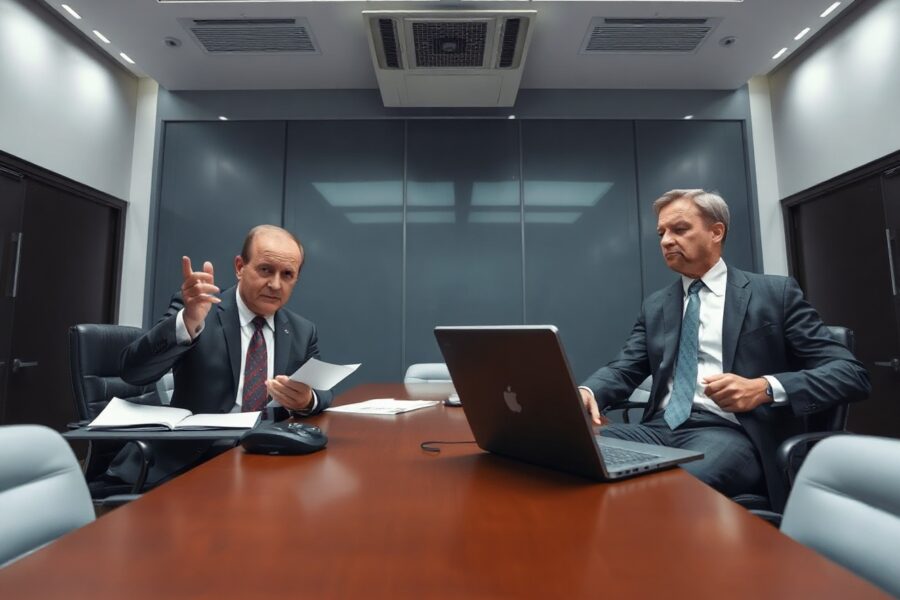 Peter Schiff and Michael Saylor in a tense boardroom meeting discussing MicroStrategy's STRC preferred stock
