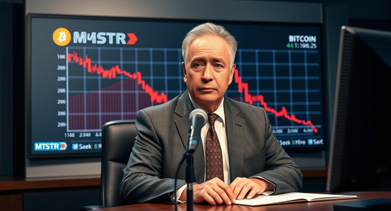 Peter Schiff in a news studio with a Bitcoin chart and Strategy logo on screen, warning about potential BTC sale.