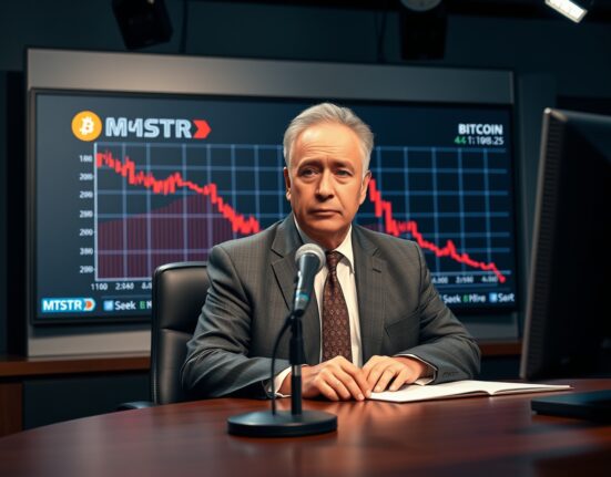 Peter Schiff in a news studio with a Bitcoin chart and Strategy logo on screen, warning about potential BTC sale.