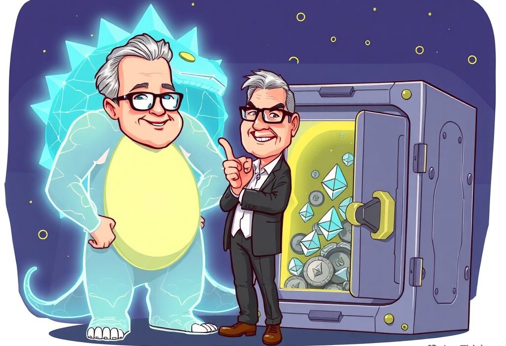 A cartoon illustration depicting Peter Thiel's significant investment in ETHZilla, an Ethereum-focused company, highlighting the impact of his strategic crypto investment.