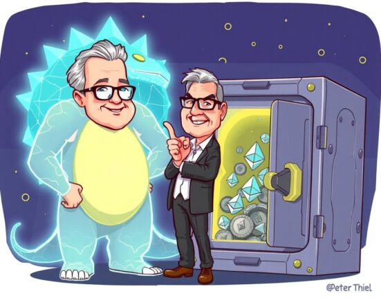 A cartoon illustration depicting Peter Thiel's significant investment in ETHZilla, an Ethereum-focused company, highlighting the impact of his strategic crypto investment.