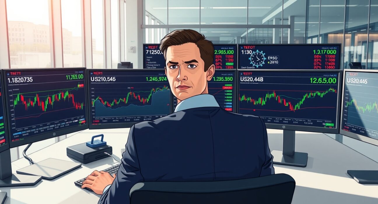 Financial analyst examining petrodollar and semiconductor trade data affecting global currency markets.