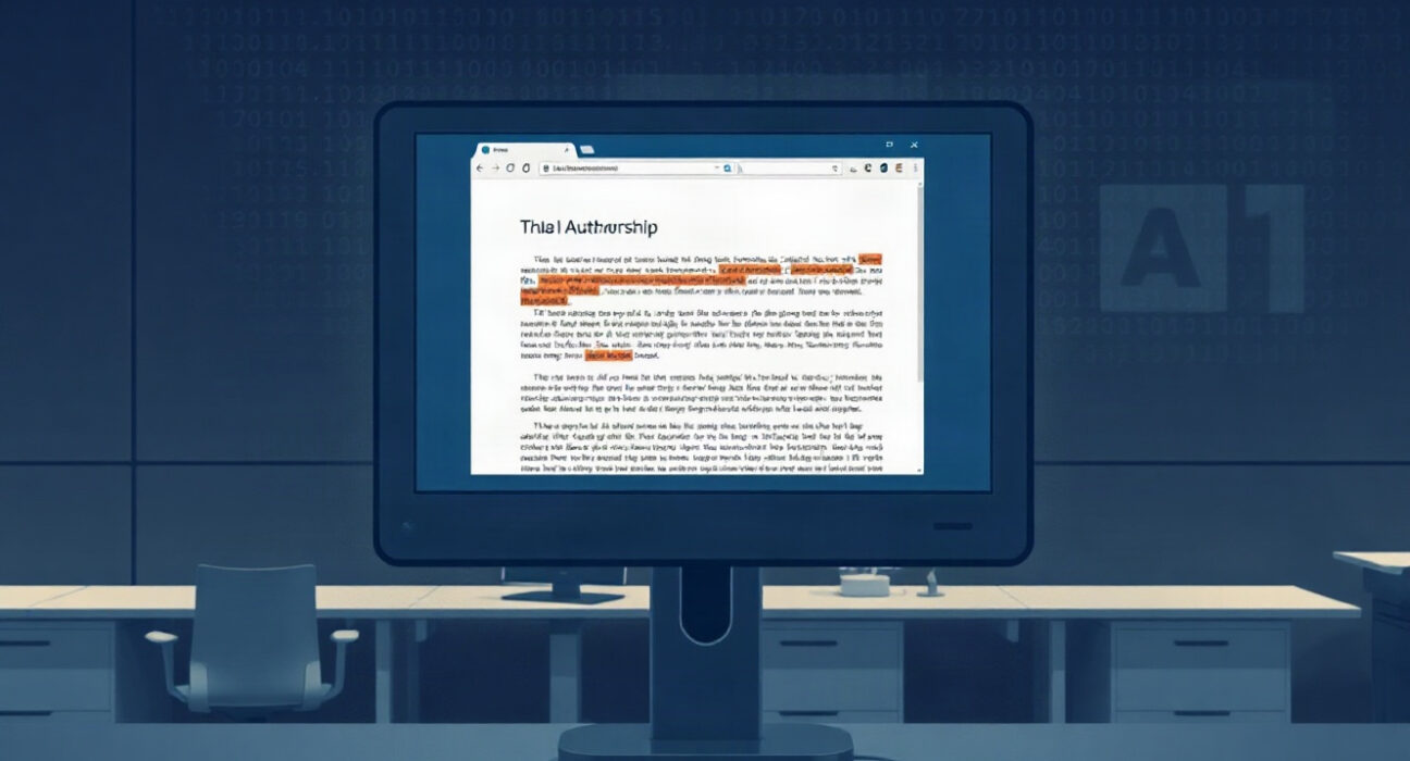 A computer monitor displaying a webpage with AI-generated text, symbolizing the rise of AI-authored content on the web.