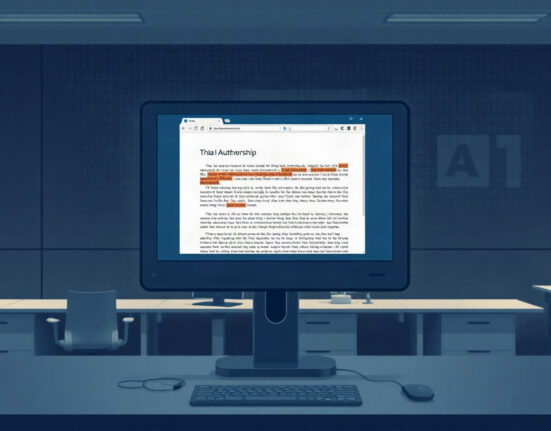 A computer monitor displaying a webpage with AI-generated text, symbolizing the rise of AI-authored content on the web.