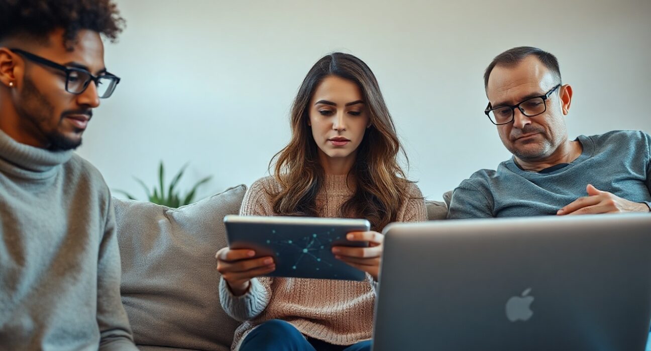 Diverse Americans looking at AI interfaces on devices with skeptical expressions