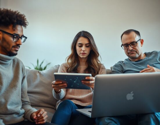 Diverse Americans looking at AI interfaces on devices with skeptical expressions