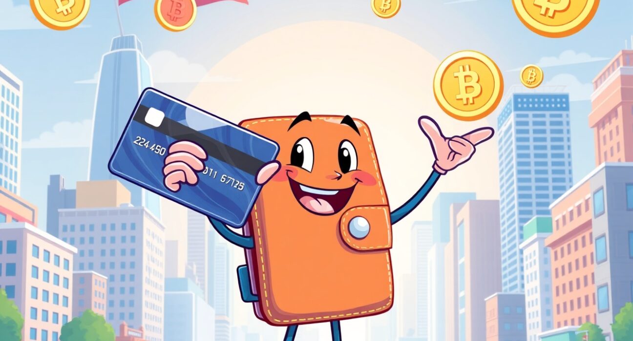 A cartoon wallet character proudly holding the new Phantom debit card, symbolizing easy crypto spending.