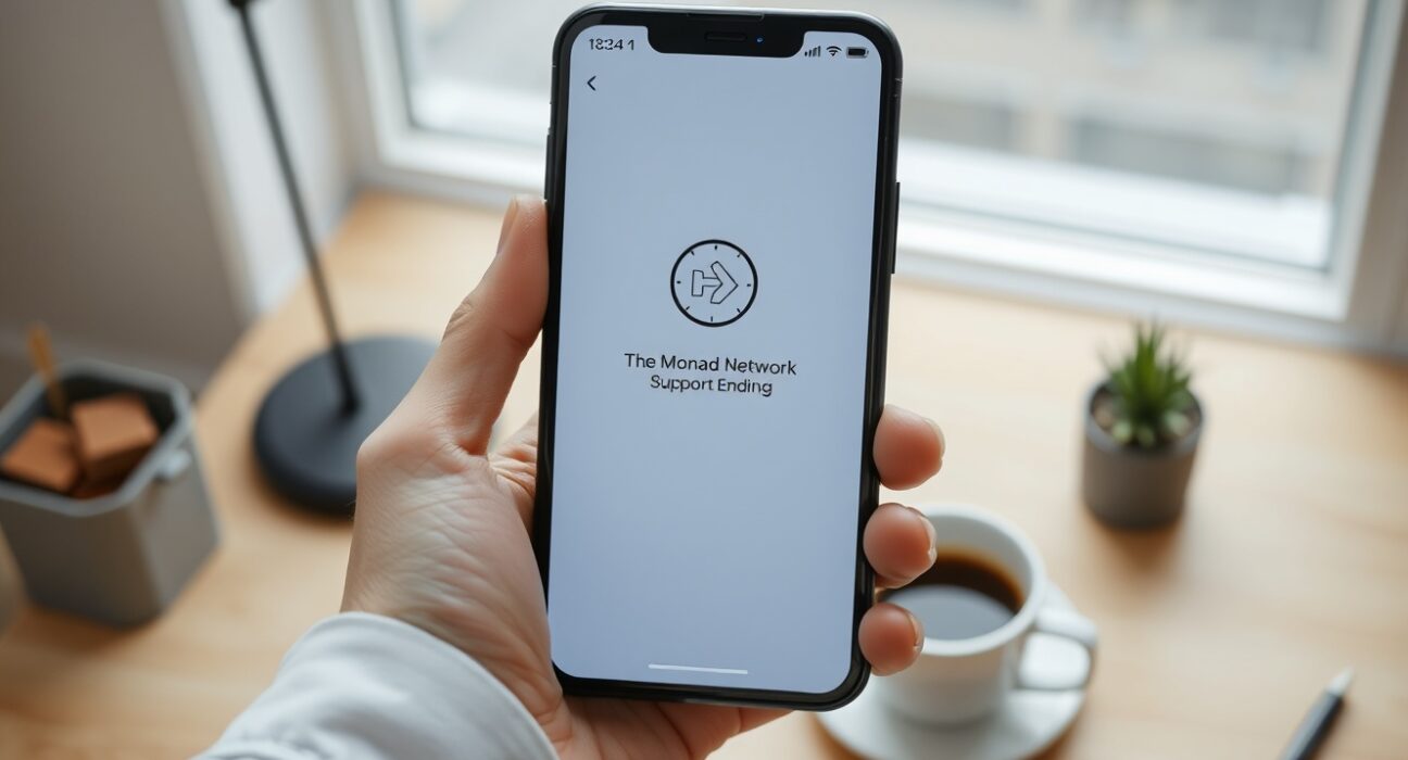 Phantom wallet interface on a smartphone showing Monad network support ending notification