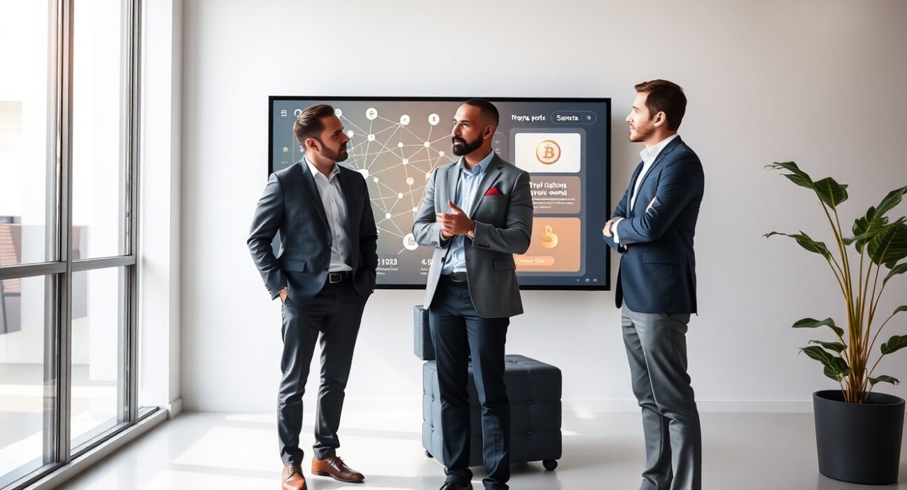 Three professionals in a bright office discussing blockchain technology on a digital screen