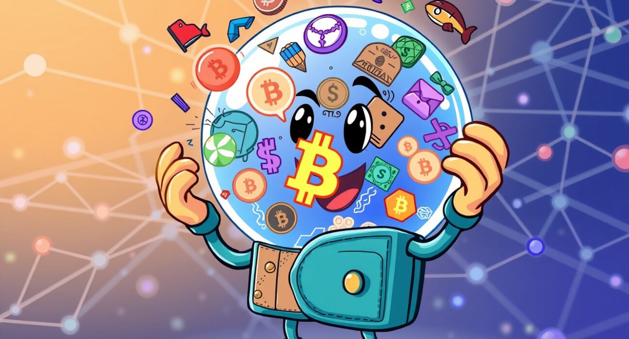 Phantom prediction market illustrated as a friendly wallet using a crystal ball to forecast sports and crypto events.