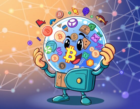 Phantom prediction market illustrated as a friendly wallet using a crystal ball to forecast sports and crypto events.