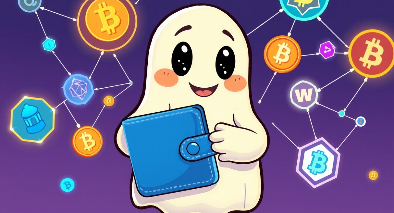 Phantom wallet connecting to HyperEVM blockchain network in vibrant cartoon illustration