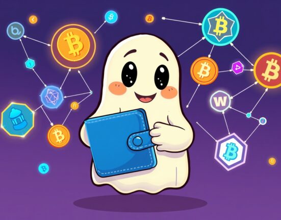 Phantom wallet connecting to HyperEVM blockchain network in vibrant cartoon illustration