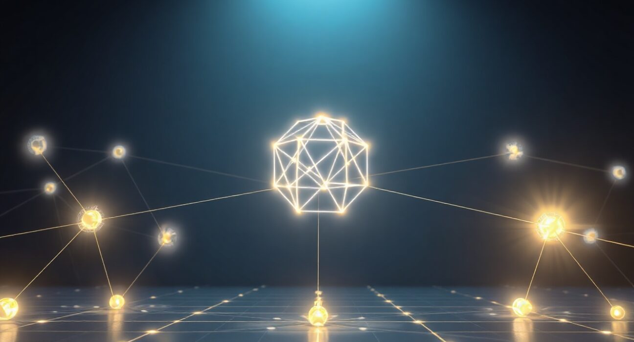 A glowing AI agent node connected to other nodes in a futuristic blockchain network visualization.