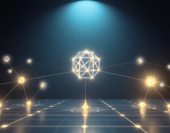 A glowing AI agent node connected to other nodes in a futuristic blockchain network visualization.