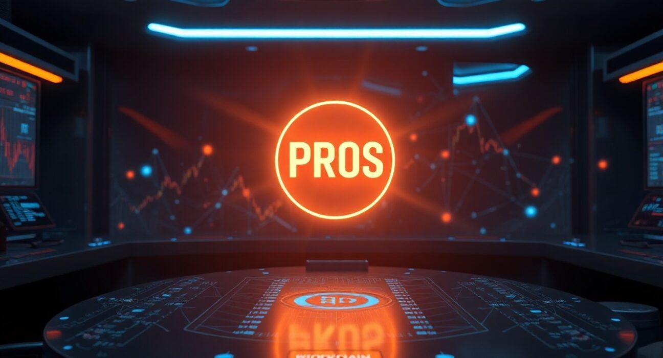 Digital dashboard displaying the PROS token symbol in a futuristic blockchain-themed control room.
