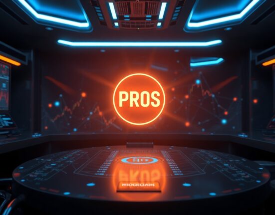 Digital dashboard displaying the PROS token symbol in a futuristic blockchain-themed control room.