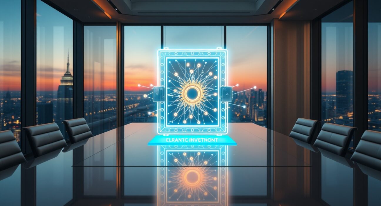 Holographic digital vault with blockchain nodes in a modern financial office at dusk