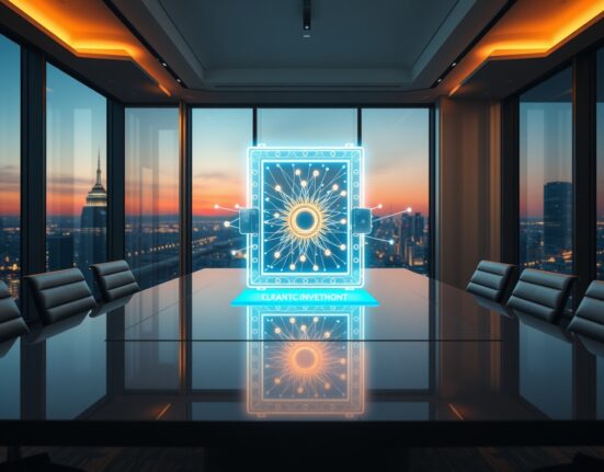 Holographic digital vault with blockchain nodes in a modern financial office at dusk