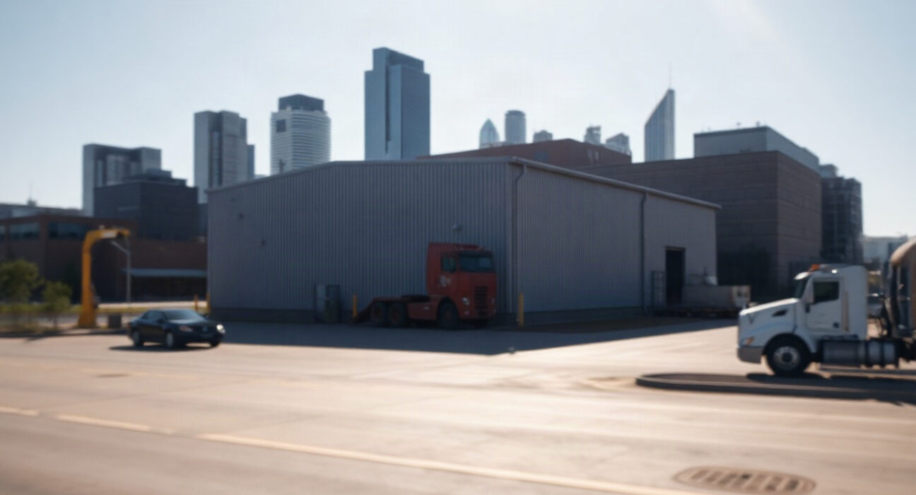 Exterior of a manufacturing facility with the Philadelphia skyline in the background on a clear day.