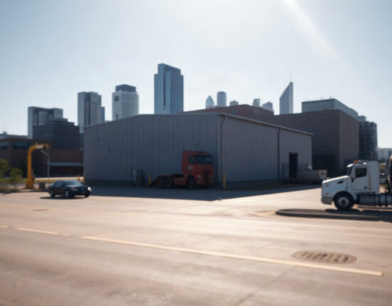 Exterior of a manufacturing facility with the Philadelphia skyline in the background on a clear day.